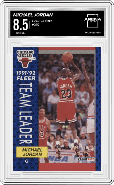 Michael Jordan from the 1991-92 Fleer set graded by Arena Club and given an overall grade of 8.5.