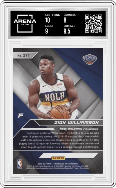 Zion Williamson from the 2019-20 Panini Chronicles  set featuring a Pink parallel graded by Arena Club and given an overall grade of 8.5.