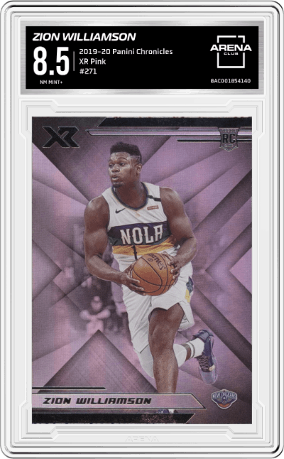 Zion Williamson from the 2019-20 Panini Chronicles  set featuring a Pink parallel graded by Arena Club and given an overall grade of 8.5.