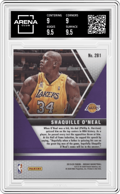 Shaquille O'Neal from the 2019-20 Panini Mosaic  set graded by Arena Club and given an overall grade of 9.5.
