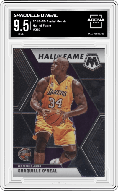 Shaquille O'Neal from the 2019-20 Panini Mosaic  set graded by Arena Club and given an overall grade of 9.5.