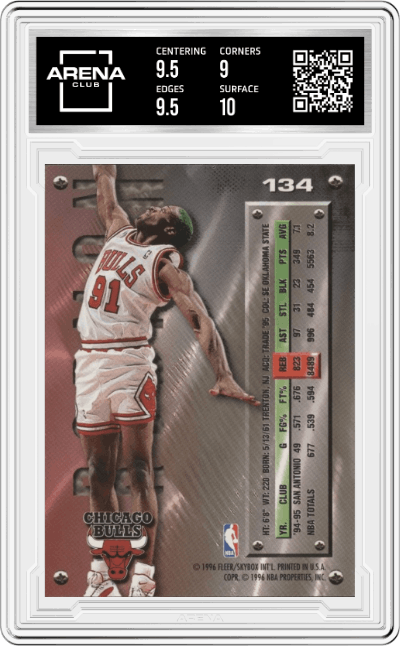 Dennis Rodman from the 1995-96  Fleer Metal Basketball set graded by Arena Club and given an overall grade of 9.5.
