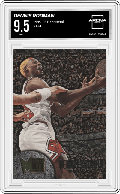 Dennis Rodman from the 1995-96  Fleer Metal Basketball set graded by Arena Club and given an overall grade of 9.5.