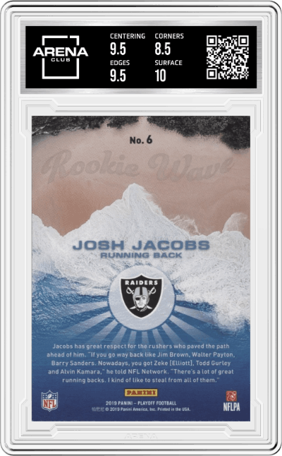 Josh Jacobs from the 2019 Panini Playoff set graded by Arena Club and given an overall grade of 9.