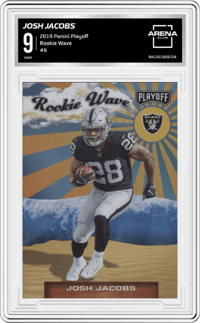 Josh Jacobs from the 2019 Panini Playoff set graded by Arena Club and given an overall grade of 9.