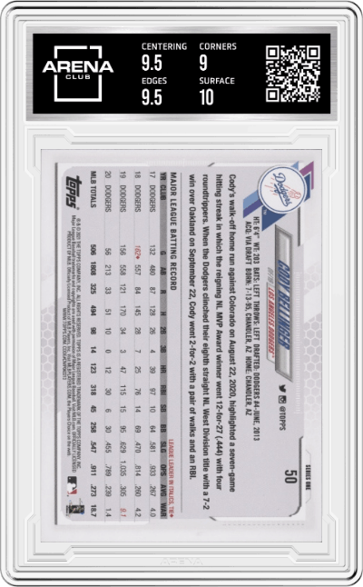 Cody Bellinger from the 2021 Topps  set graded by Arena Club and given an overall grade of 9.5.