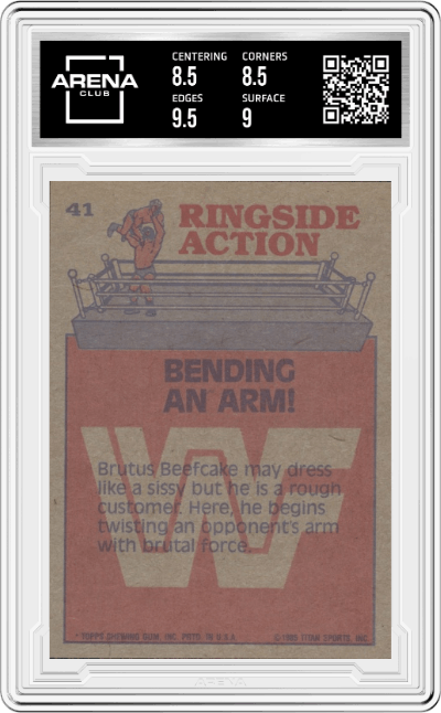 Brutus Beefcake from the 1985 Topps WWF Pro Wrestling Stars Wrestling set graded by Arena Club and given an overall grade of 9.