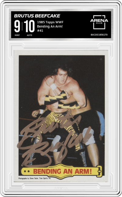 Brutus Beefcake from the 1985 Topps WWF Pro Wrestling Stars Wrestling set graded by Arena Club and given an overall grade of 9.