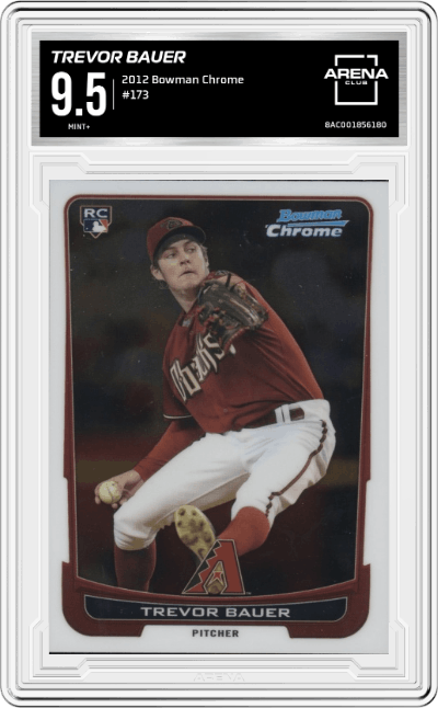 Trevor Bauer from the 2012 Bowman Chrome Baseball set graded by Arena Club and given an overall grade of 9.5.