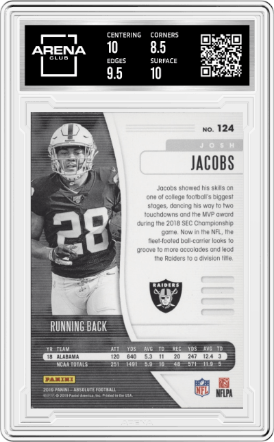 Josh Jacobs from the 2019 Panini Absolute set graded by Arena Club and given an overall grade of 9.