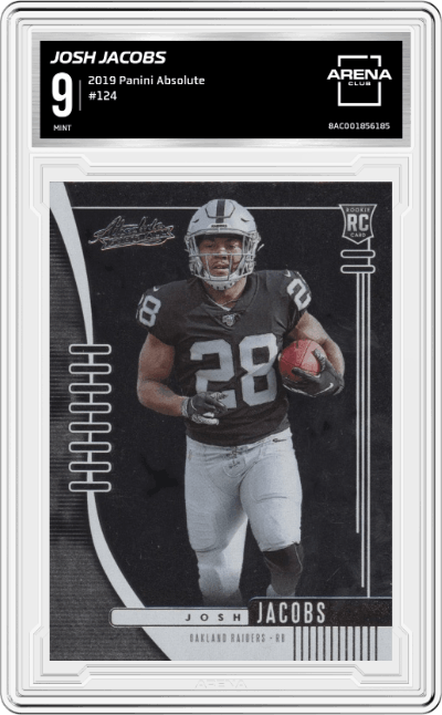 Josh Jacobs from the 2019 Panini Absolute set graded by Arena Club and given an overall grade of 9.