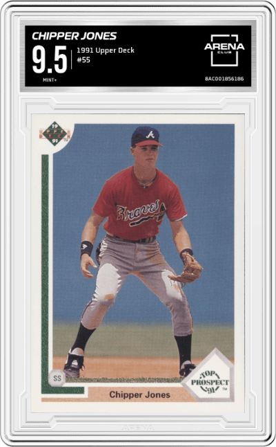 Chipper Jones from the 1991 Upper Deck set graded by Arena Club and given an overall grade of 9.5.