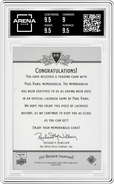 Paul Rabil from the 2012 Upper Deck Goodwin Champions Trading set graded by Arena Club and given an overall grade of 9.5.