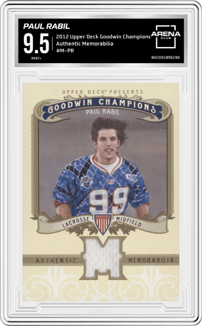 Paul Rabil from the 2012 Upper Deck Goodwin Champions Trading set graded by Arena Club and given an overall grade of 9.5.