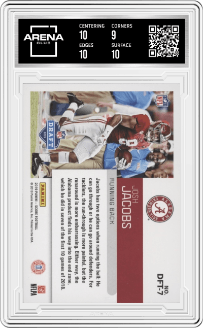 Josh Jacobs from the 2019 Panini Score set graded by Arena Club and given an overall grade of 9.5.