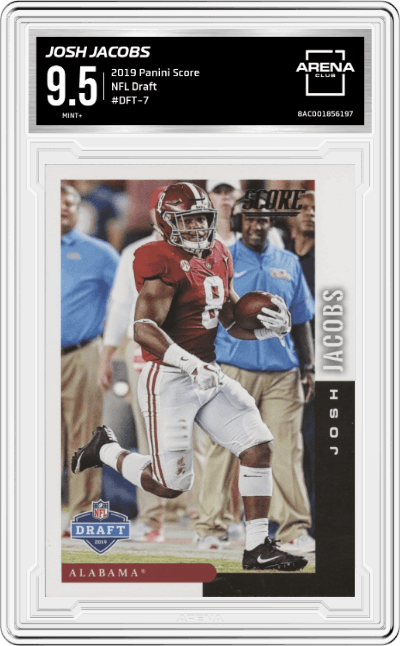 Josh Jacobs from the 2019 Panini Score set graded by Arena Club and given an overall grade of 9.5.