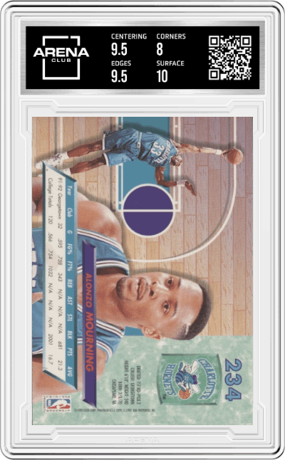Alonzo Mourning from the 1992-93 Fleer Ultra set graded by Arena Club and given an overall grade of 8.5.