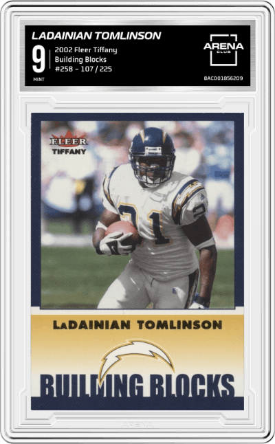 LaDainian Tomlinson from the 2002 Fleer Tiffany set graded by Arena Club and given an overall grade of 9.