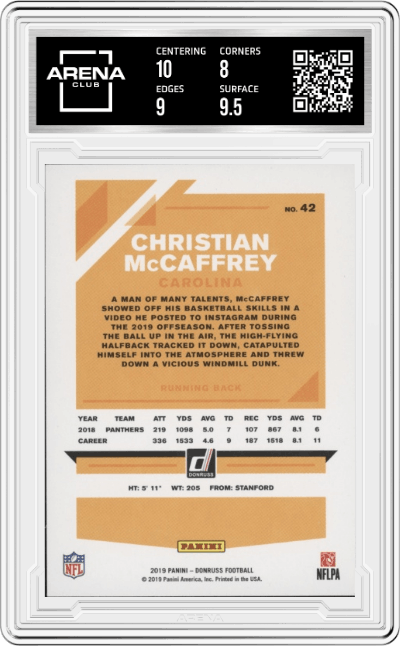 Christian McCaffrey from the 2019 Panini Donruss set featuring a Press Proof Blue parallel graded by Arena Club and given an overall grade of 8.5.