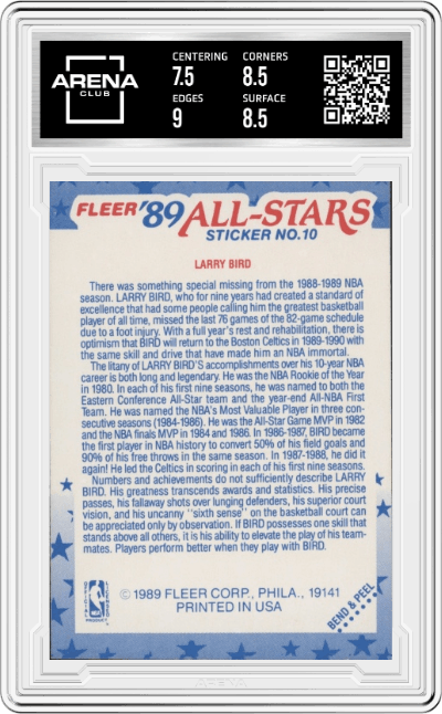 Larry Bird from the 1989-90 Fleer set graded by Arena Club and given an overall grade of 8.