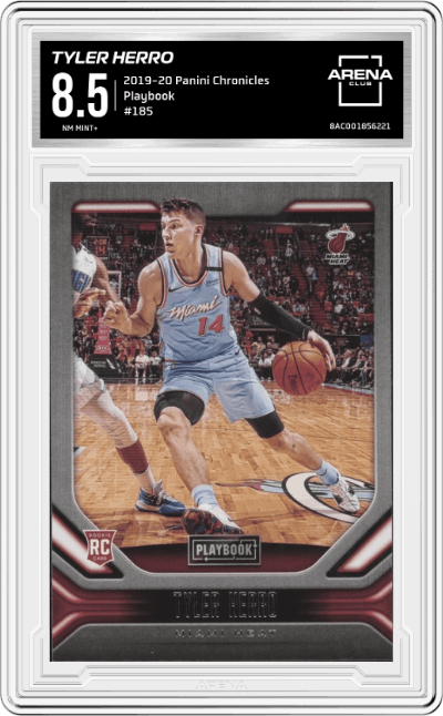 Tyler Herro from the 2019-20 Panini Chronicles  set graded by Arena Club and given an overall grade of 8.5.