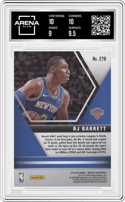 RJ Barrett from the 2019-20 Panini Mosaic  set graded by Arena Club and given an overall grade of 9.5.