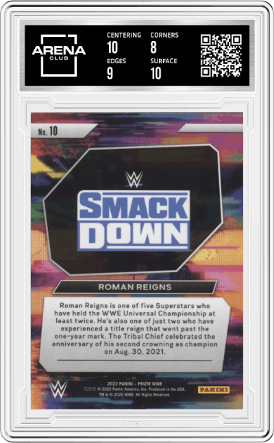 Roman Reigns from the 2022 Panini Prizm WWE  set graded by Arena Club and given an overall grade of 8.5.