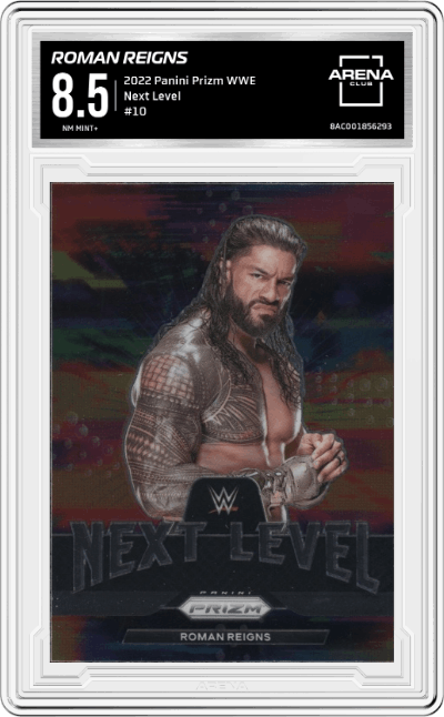 Roman Reigns from the 2022 Panini Prizm WWE  set graded by Arena Club and given an overall grade of 8.5.