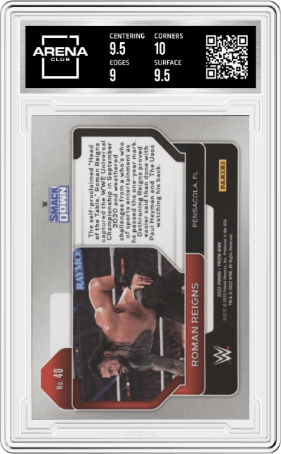 Roman Reigns from the 2022 Panini Prizm WWE  set graded by Arena Club and given an overall grade of 9.5.
