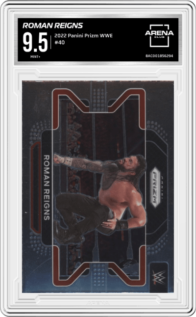 Roman Reigns from the 2022 Panini Prizm WWE  set graded by Arena Club and given an overall grade of 9.5.