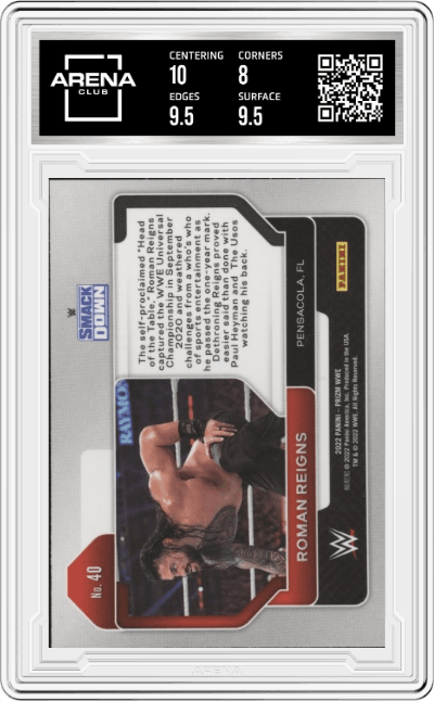 Roman Reigns from the 2022 Panini Prizm WWE  set graded by Arena Club and given an overall grade of 8.5.