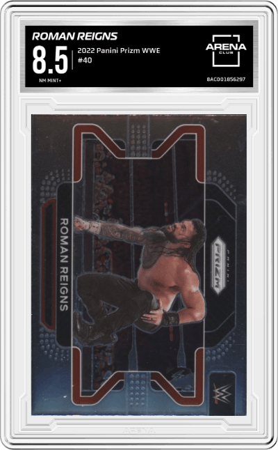 Roman Reigns from the 2022 Panini Prizm WWE  set graded by Arena Club and given an overall grade of 8.5.