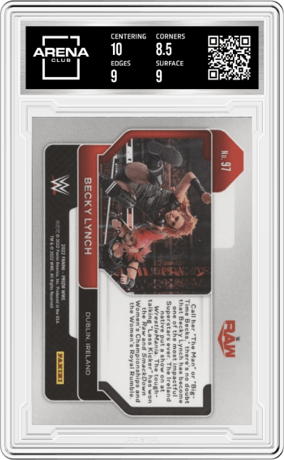 Becky Lynch from the 2022 Panini Prizm WWE Debut Edition Wrestling set graded by Arena Club and given an overall grade of 9.