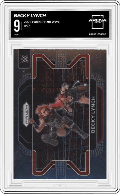 Becky Lynch from the 2022 Panini Prizm WWE Debut Edition Wrestling set graded by Arena Club and given an overall grade of 9.