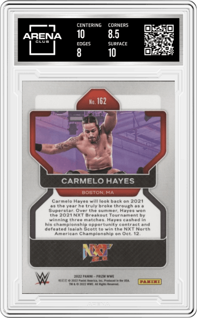 Carmelo Hayes from the 2022 Panini Prizm WWE Debut Edition Wrestling set graded by Arena Club and given an overall grade of 8.5.