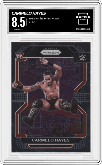 Carmelo Hayes from the 2022 Panini Prizm WWE Debut Edition Wrestling set graded by Arena Club and given an overall grade of 8.5.
