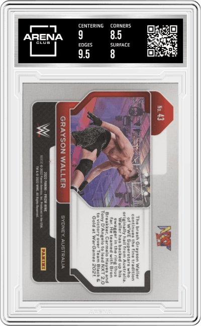 Grayson Waller from the 2022 Panini Prizm WWE Debut Edition Wrestling set graded by Arena Club and given an overall grade of 8.5.