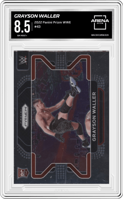 Grayson Waller from the 2022 Panini Prizm WWE Debut Edition Wrestling set graded by Arena Club and given an overall grade of 8.5.