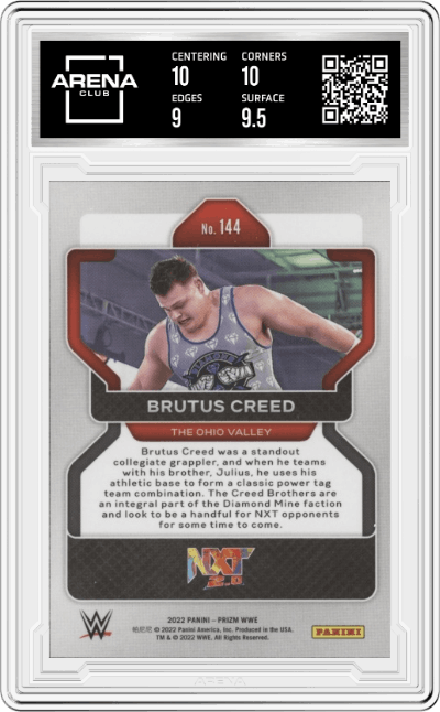 Brutus Creed from the 2022 Panini Prizm WWE Debut Edition Wrestling set graded by Arena Club and given an overall grade of 9.5.