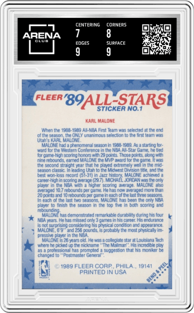 Karl Malone from the 1989-90 Fleer set graded by Arena Club and given an overall grade of 7.5.