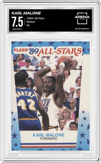 Karl Malone from the 1989-90 Fleer set graded by Arena Club and given an overall grade of 7.5.
