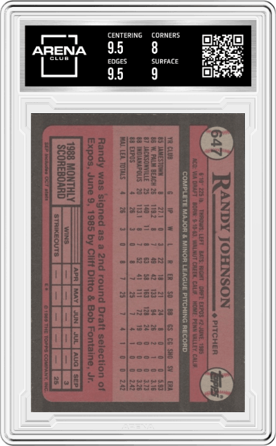 Randy Johnson from the 1989 Topps set graded by Arena Club and given an overall grade of 8.5.