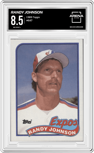 Randy Johnson from the 1989 Topps set graded by Arena Club and given an overall grade of 8.5.