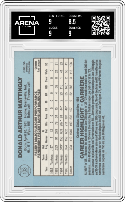 Don Mattingly from the 1986 Leaf set graded by Arena Club and given an overall grade of 9.