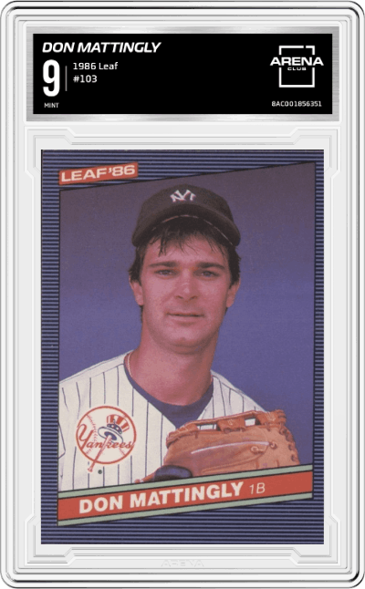 Don Mattingly from the 1986 Leaf set graded by Arena Club and given an overall grade of 9.