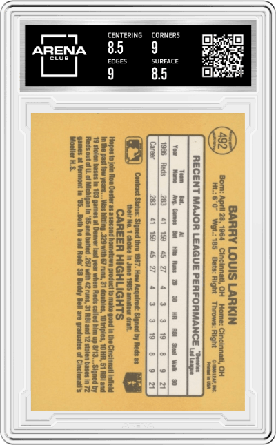 Barry Larkin from the 1987 Donruss set graded by Arena Club and given an overall grade of 9.