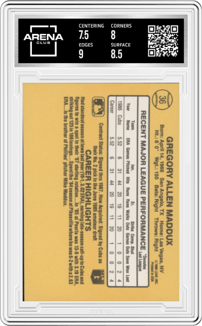 Greg Maddux  from the 1987 Donruss set graded by Arena Club and given an overall grade of 8.