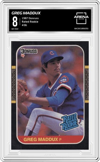 Greg Maddux  from the 1987 Donruss set graded by Arena Club and given an overall grade of 8.