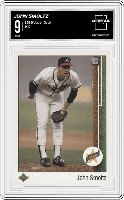 John Smoltz from the 1989 Upper Deck set graded by Arena Club and given an overall grade of 9.