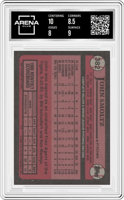 John Smoltz from the 1989 Topps set graded by Arena Club and given an overall grade of 8.5.